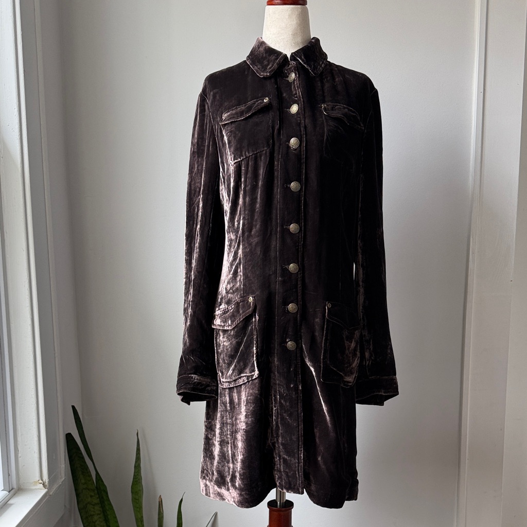 Elliott Lauren Dark Brown Velvet Button-Front Trench Silk Blend Duster Jacket